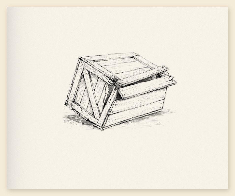 Pencil sketch of a battered wooden shipping crate, its lid boards split and pried loose.