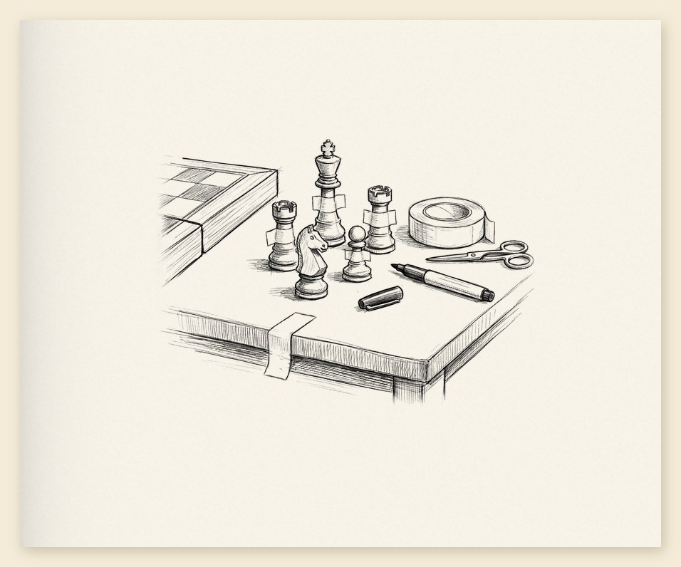 Pencil sketch of chess pieces wearing masking-tape strips, with a roll of tape, scissors and a marker beside a chessboard.