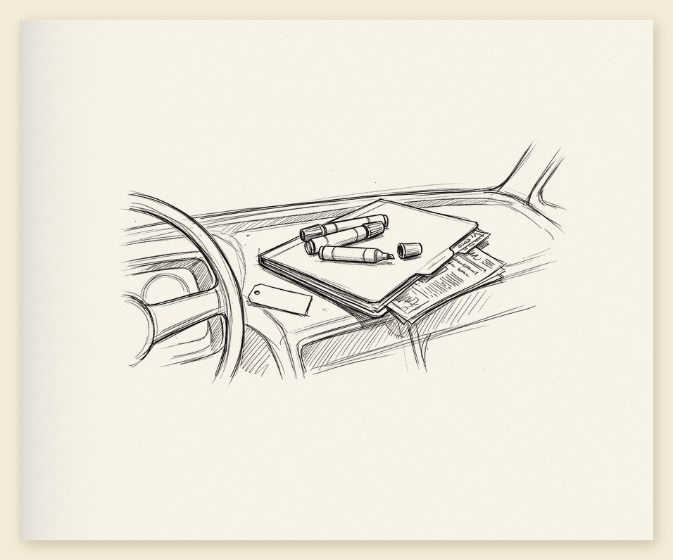 Pencil sketch of a van dashboard: a manila folder with three fat markers on it, newspaper clippings tucked inside, and a ticket nearby.