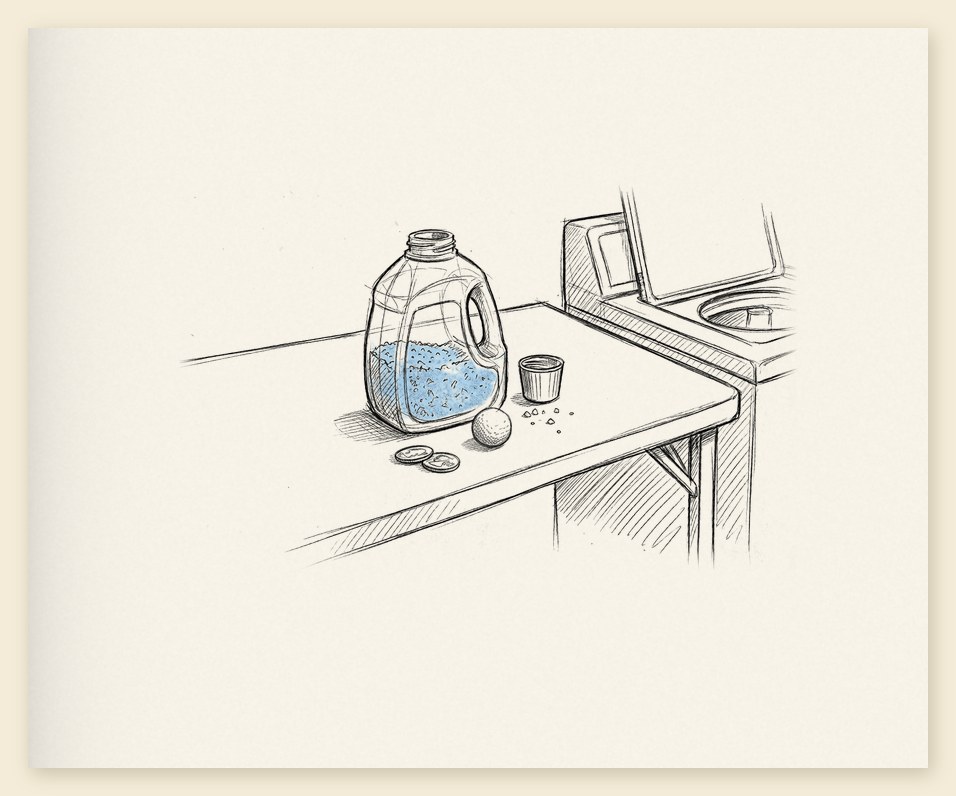 Pencil sketch of a laundromat counter: a clear jug of pale blue detergent crystals, its cap, a golf ball and two quarters, beside an open top-loading washer.